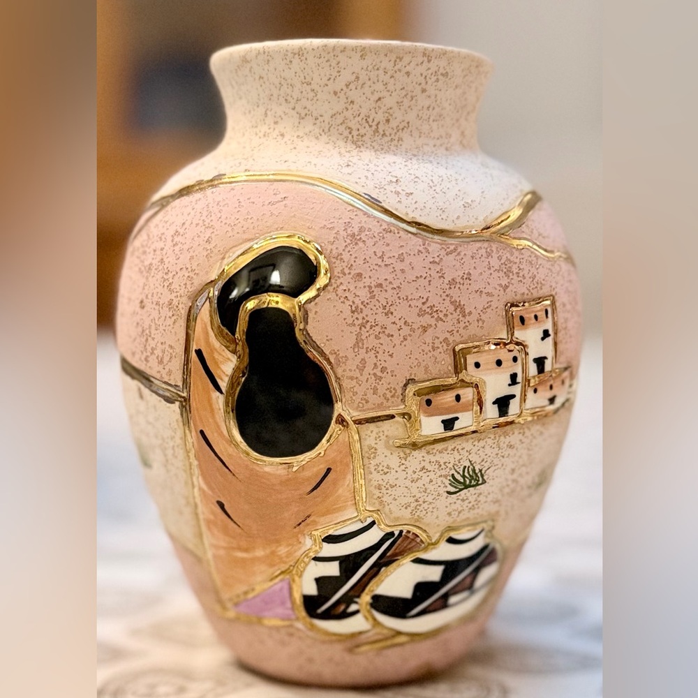 Vintage Vera Russell Signed Vase, Textured Glaze w/24K Gold, Handpainted